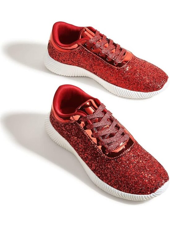 Shoes - Women's Red Lightweight Tennis Shoes Glitter Sparkly Fashion Sneakers